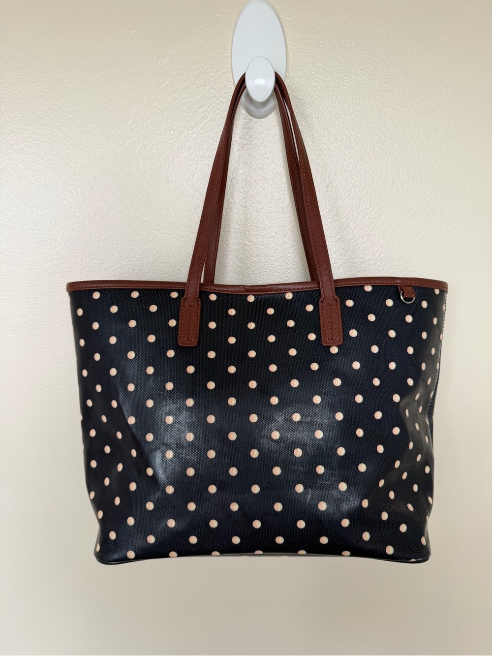 LANDS END Navy Polka Dot Tote Bag with Cream & Blush Dots & Brown Trim